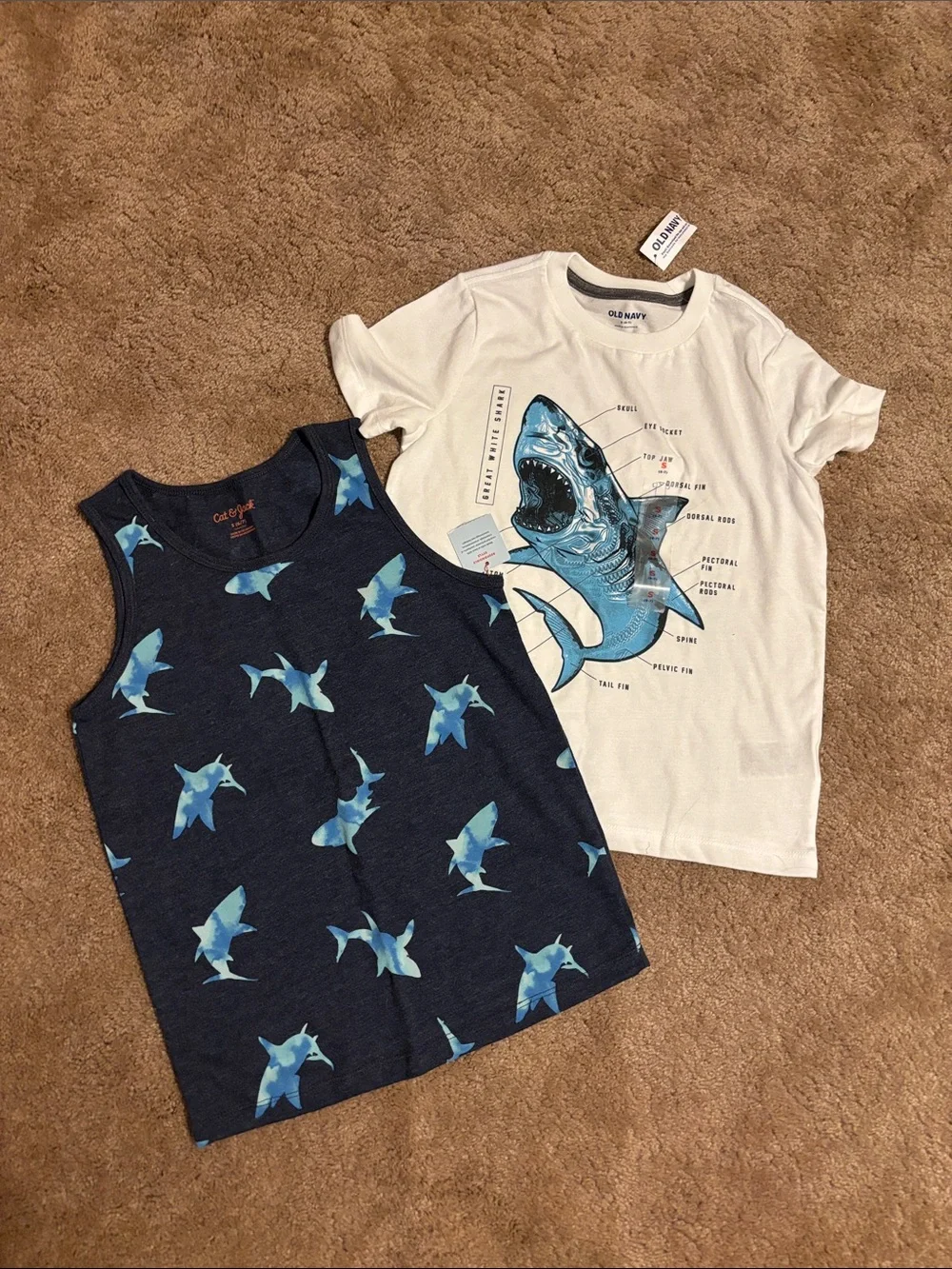 Old Navy White Shark Graphic Tee & Navy Shark Print Tank